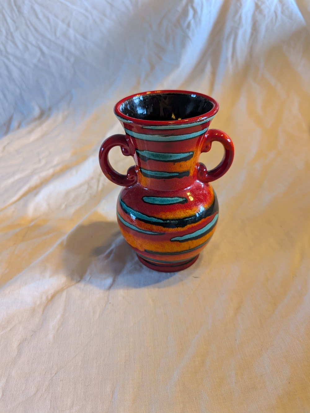2/60$ Vintage Red and Teal Double-Handled Ceramic Vase ( sign)